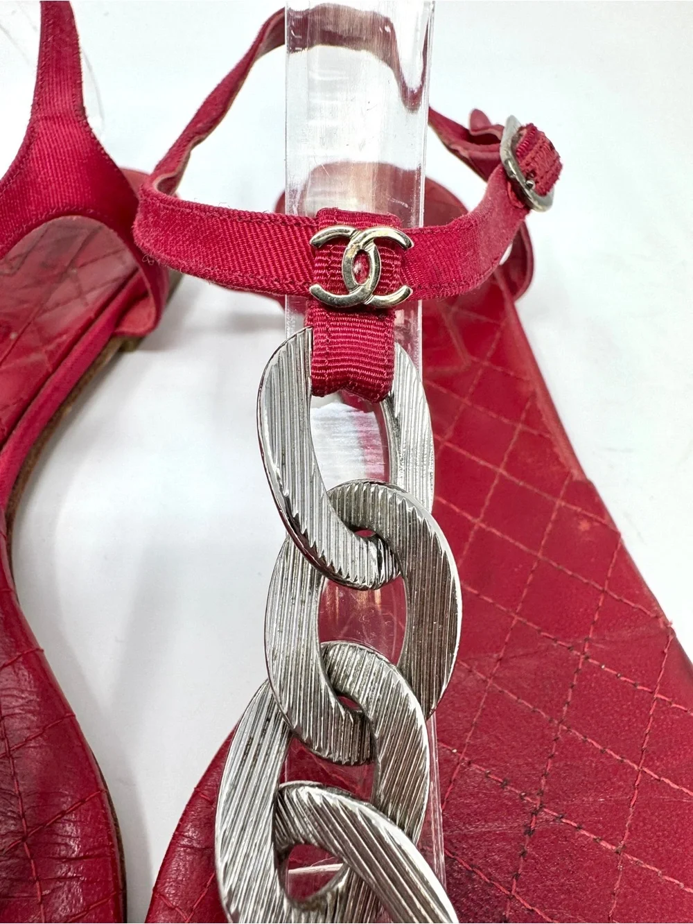 Chanel Vintage Red Quilted Leather Chain T strap Sandals with CC Logo Size 39.5